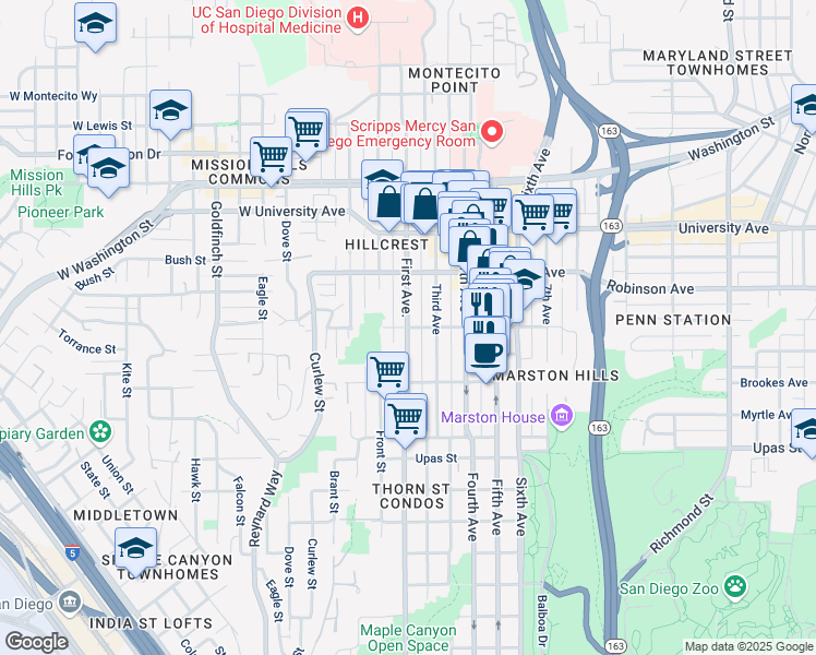 map of restaurants, bars, coffee shops, grocery stores, and more near 1st Avenue & Pennsylvania Avenue in San Diego