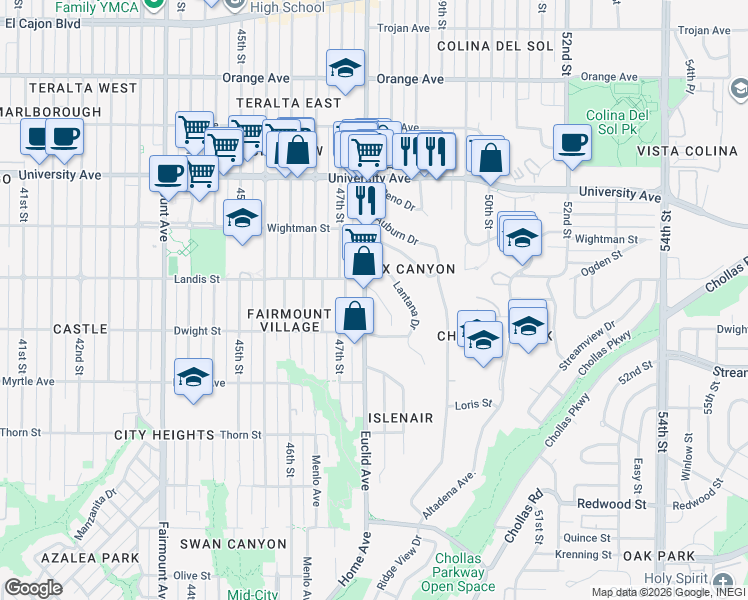 map of restaurants, bars, coffee shops, grocery stores, and more near 4779 Castle Avenue in San Diego