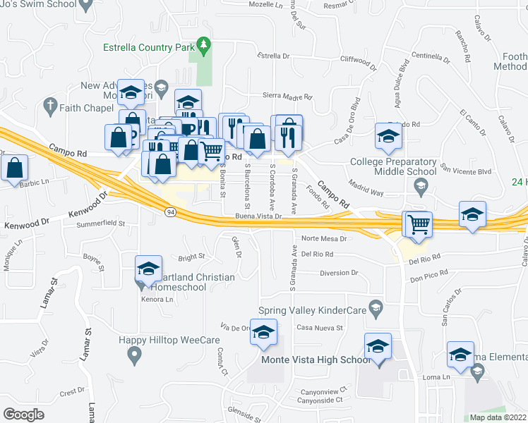 map of restaurants, bars, coffee shops, grocery stores, and more near 3602 South Cordoba Avenue in Spring Valley