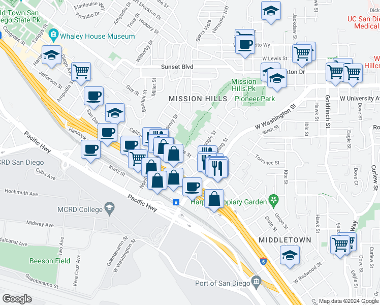 map of restaurants, bars, coffee shops, grocery stores, and more near 1828 Titus Street in San Diego