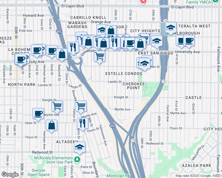 map of restaurants, bars, coffee shops, grocery stores, and more near 3653 Wilson Avenue in San Diego