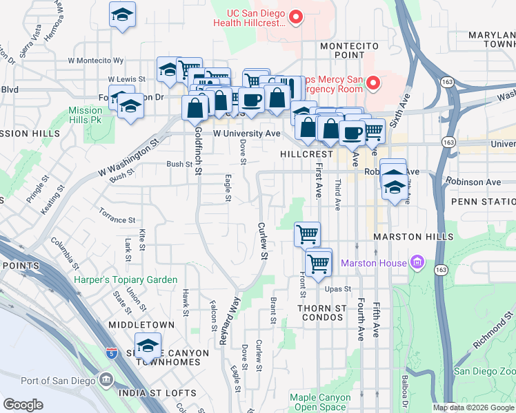 map of restaurants, bars, coffee shops, grocery stores, and more near 3682 Curlew Street in San Diego