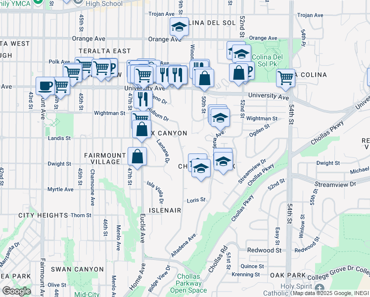 map of restaurants, bars, coffee shops, grocery stores, and more near 4992 Auburn Drive in San Diego
