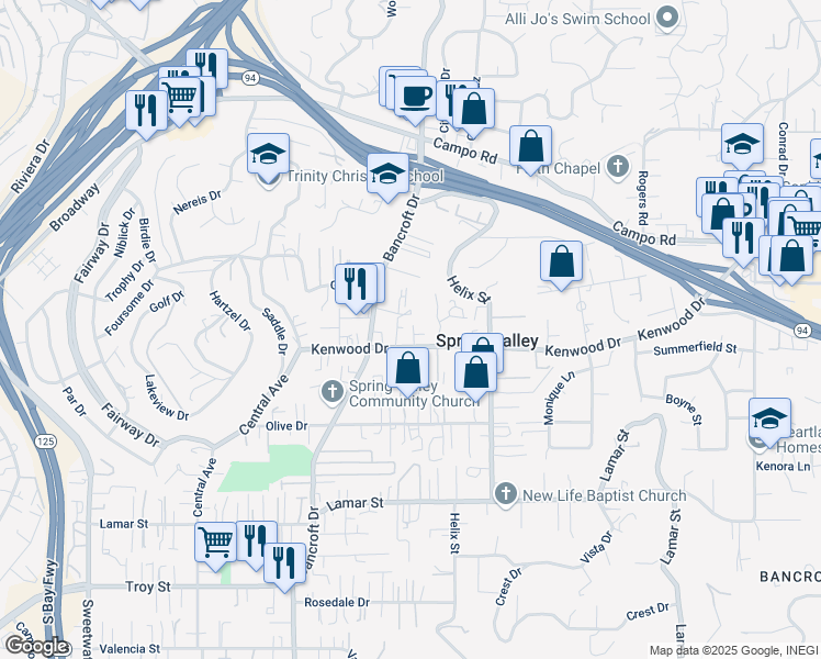 map of restaurants, bars, coffee shops, grocery stores, and more near 9062 Kenwood Drive in Spring Valley