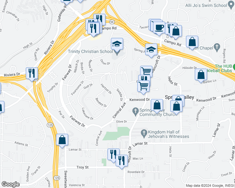 map of restaurants, bars, coffee shops, grocery stores, and more near 3510 Saddle Drive in Spring Valley