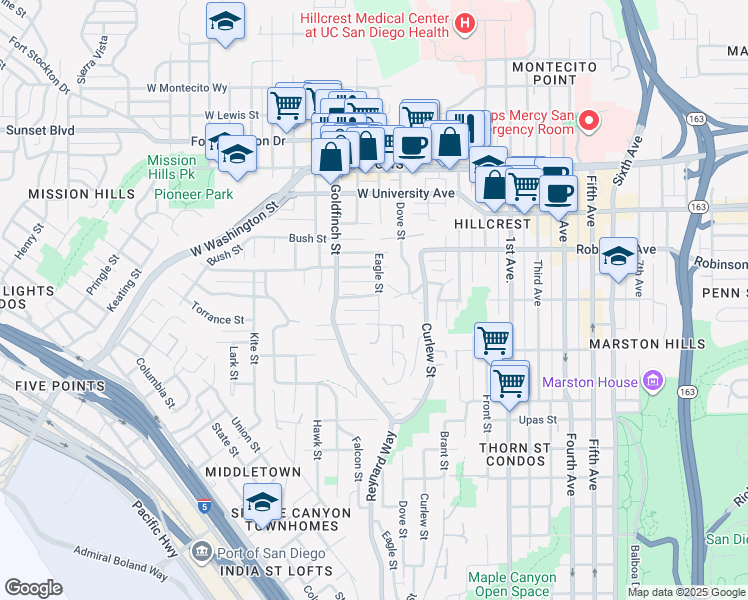 map of restaurants, bars, coffee shops, grocery stores, and more near 711 West Pennsylvania Avenue in San Diego