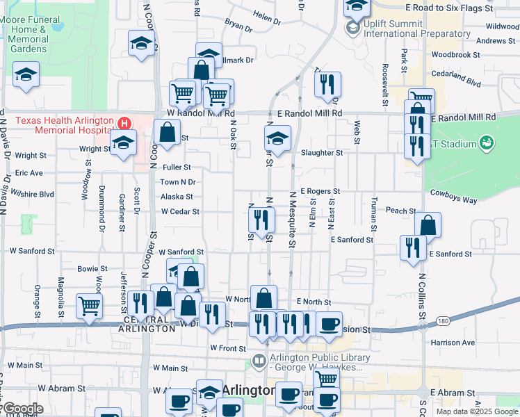 map of restaurants, bars, coffee shops, grocery stores, and more near 706 North Center Street in Arlington