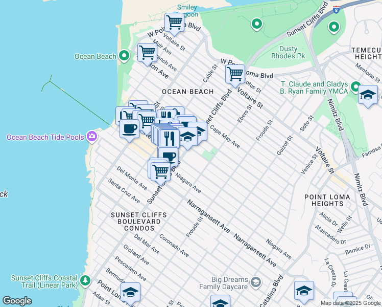 map of restaurants, bars, coffee shops, grocery stores, and more near 4741 Santa Monica Avenue in San Diego