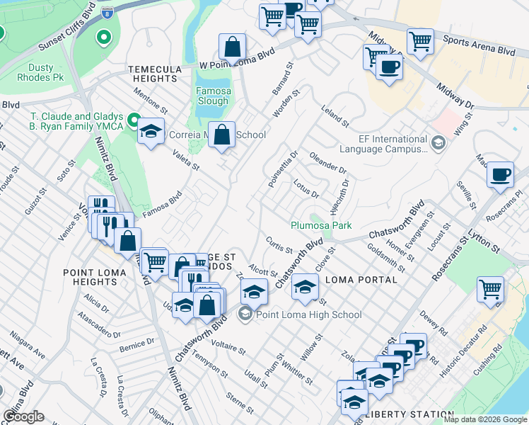 map of restaurants, bars, coffee shops, grocery stores, and more near 3749 Elliott Street in San Diego