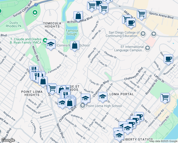 map of restaurants, bars, coffee shops, grocery stores, and more near 3749 Elliott Street in San Diego