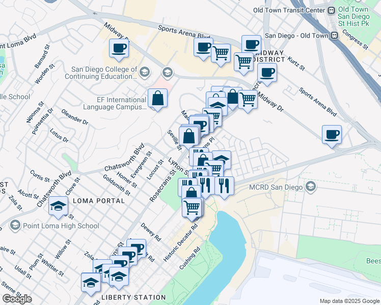 map of restaurants, bars, coffee shops, grocery stores, and more near 3045 Rosecrans Street in San Diego