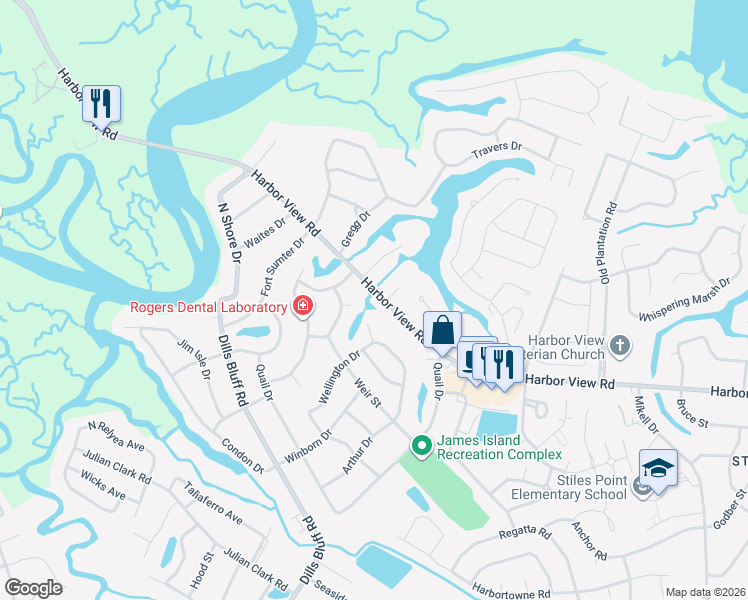 map of restaurants, bars, coffee shops, grocery stores, and more near 1089 Harbor View Road in Charleston