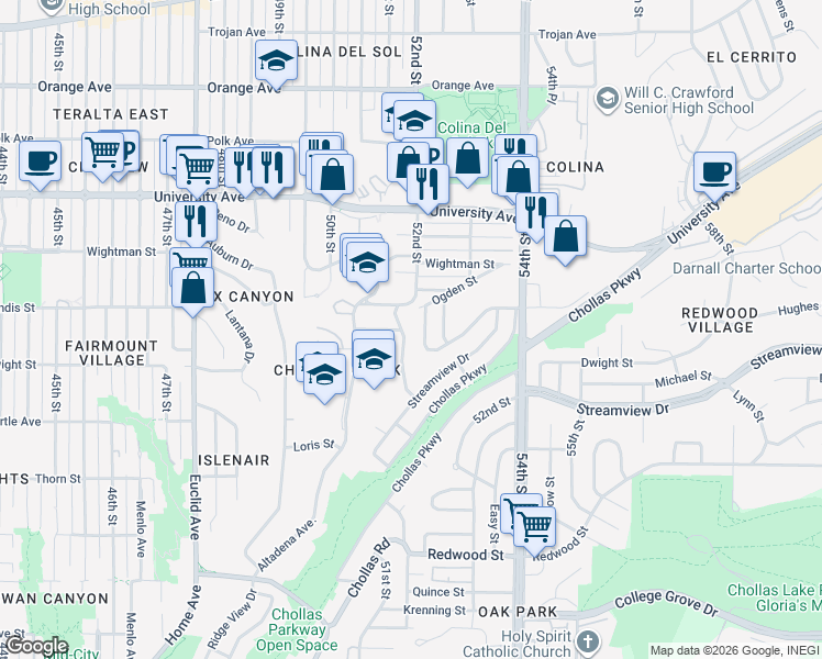 map of restaurants, bars, coffee shops, grocery stores, and more near 3647 Lemona Avenue in San Diego
