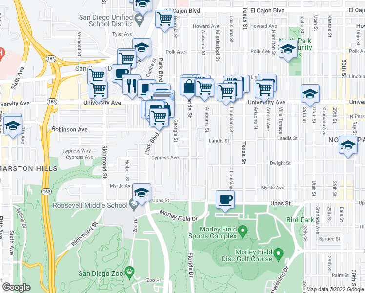 map of restaurants, bars, coffee shops, grocery stores, and more near 1926 Florida Court in San Diego