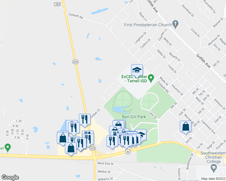 map of restaurants, bars, coffee shops, grocery stores, and more near 201 Timber Court in Terrell