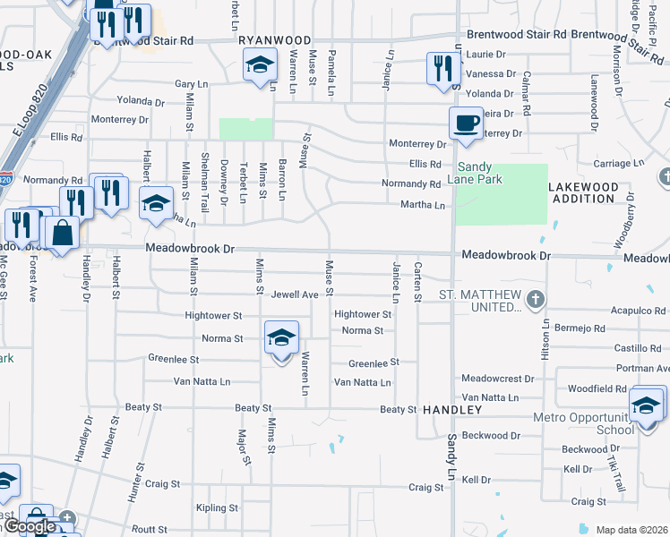 map of restaurants, bars, coffee shops, grocery stores, and more near 7201 Robinhood Lane in Fort Worth