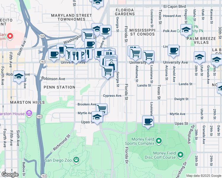map of restaurants, bars, coffee shops, grocery stores, and more near 6 Crestwood Place in San Diego