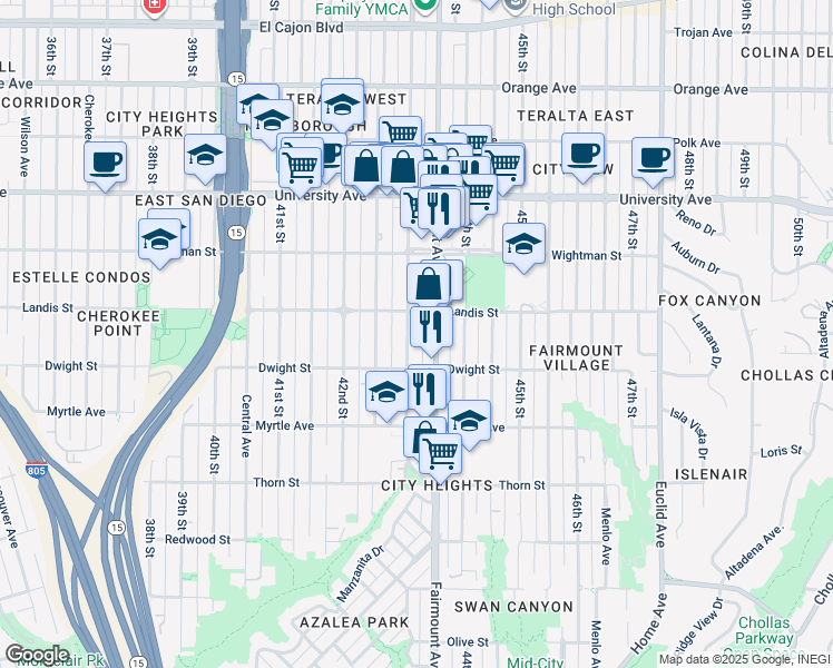 map of restaurants, bars, coffee shops, grocery stores, and more near 3661 43rd Street in San Diego