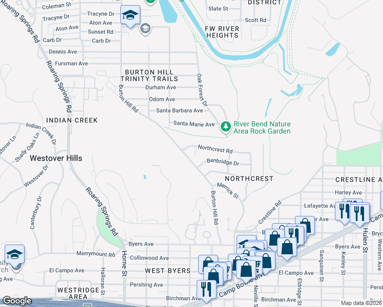 map of restaurants, bars, coffee shops, grocery stores, and more near 1508 Northcrest Court in Fort Worth