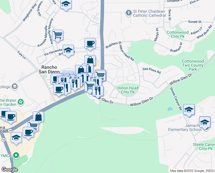map of restaurants, bars, coffee shops, grocery stores, and more near 1530 Hilton Head Road in El Cajon