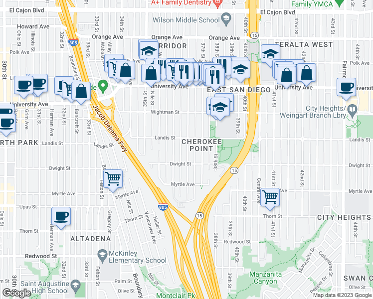 map of restaurants, bars, coffee shops, grocery stores, and more near 3654 Cherokee Avenue in San Diego