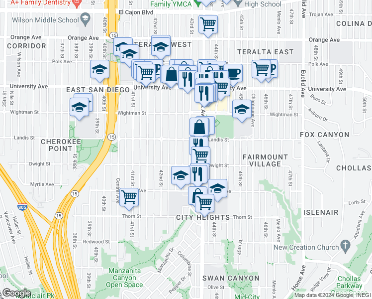 map of restaurants, bars, coffee shops, grocery stores, and more near 3666 43rd Street in San Diego