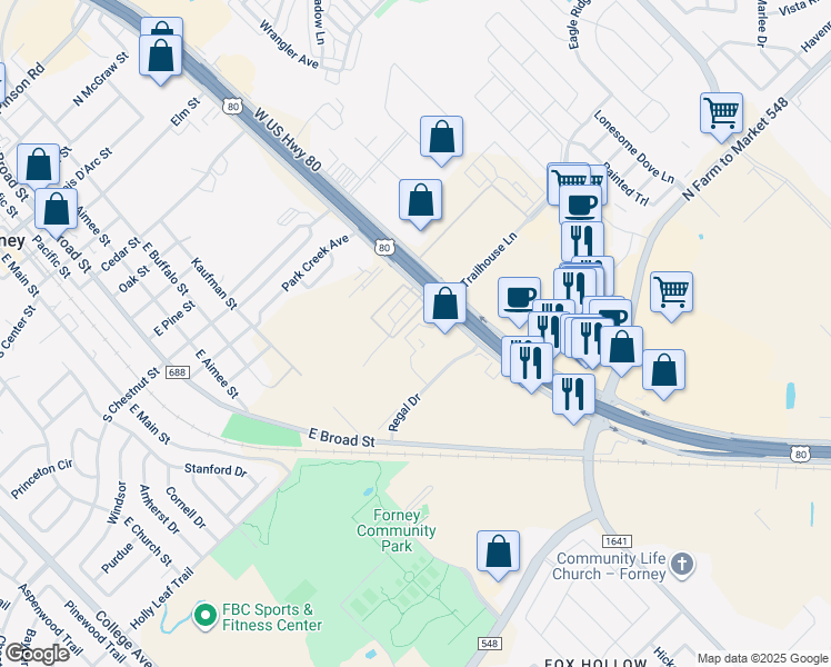 map of restaurants, bars, coffee shops, grocery stores, and more near 503 East US Highway 80 in Forney