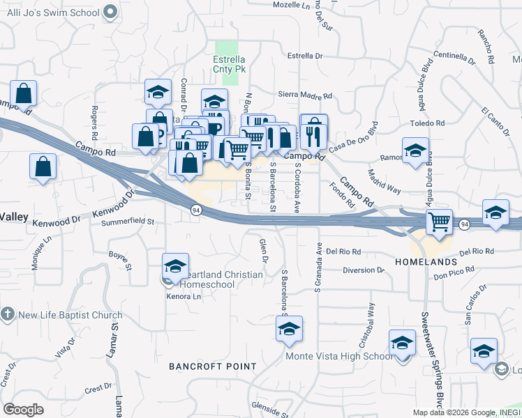 map of restaurants, bars, coffee shops, grocery stores, and more near 9926 Buena Vista Drive in Spring Valley