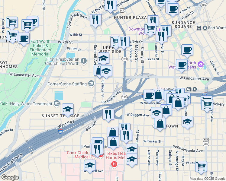 map of restaurants, bars, coffee shops, grocery stores, and more near 1320 Lake St in Fort Worth