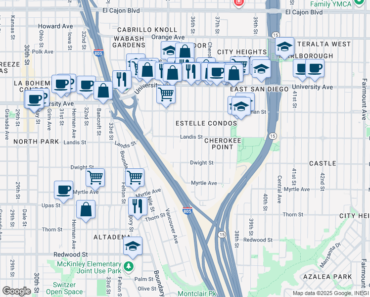 map of restaurants, bars, coffee shops, grocery stores, and more near 3653 Wilson Avenue in San Diego