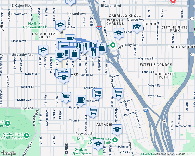 map of restaurants, bars, coffee shops, grocery stores, and more near 3676 Bancroft Street in San Diego