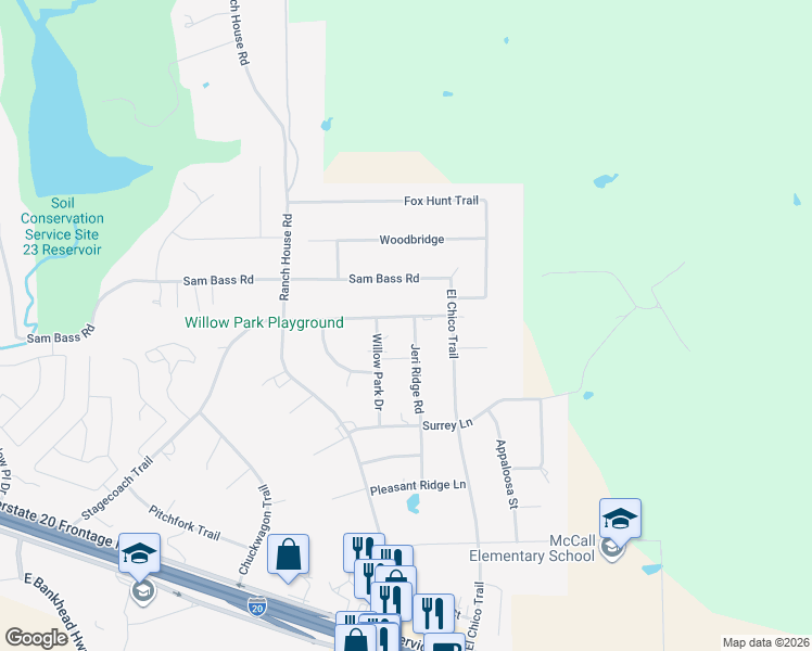 map of restaurants, bars, coffee shops, grocery stores, and more near 517 Jeri Ridge Road in Willow Park