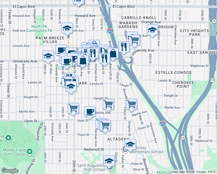 map of restaurants, bars, coffee shops, grocery stores, and more near 3676 Bancroft Street in San Diego
