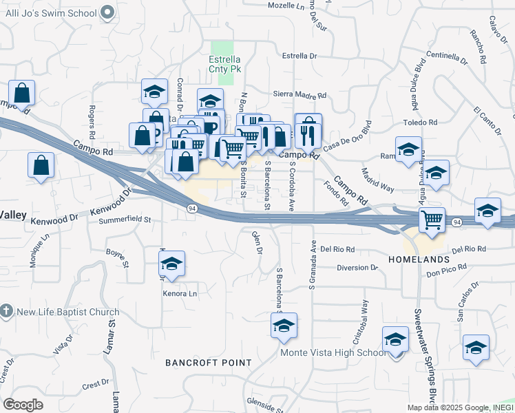map of restaurants, bars, coffee shops, grocery stores, and more near 3605 South Barcelona Street in Spring Valley