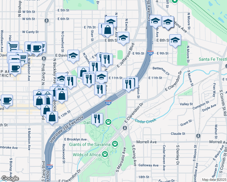 map of restaurants, bars, coffee shops, grocery stores, and more near 600 R.L. Thornton Freeway in Dallas
