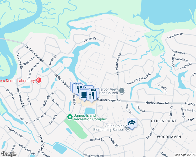 map of restaurants, bars, coffee shops, grocery stores, and more near 745 Shell Sand Circle in Charleston