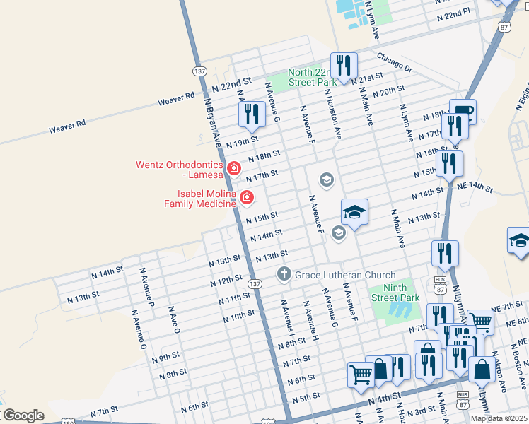 map of restaurants, bars, coffee shops, grocery stores, and more near 1000 North 15th Street in Lamesa