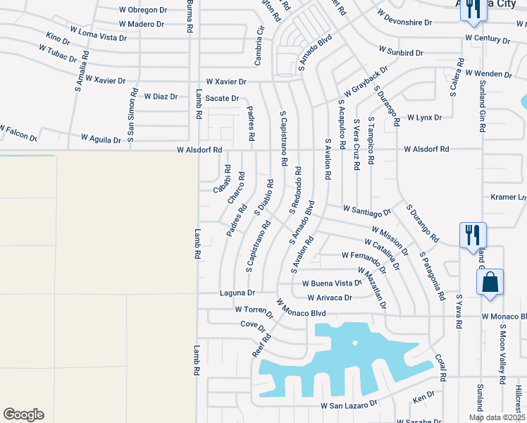 map of restaurants, bars, coffee shops, grocery stores, and more near 14840 South Capistrano Road in Arizona City