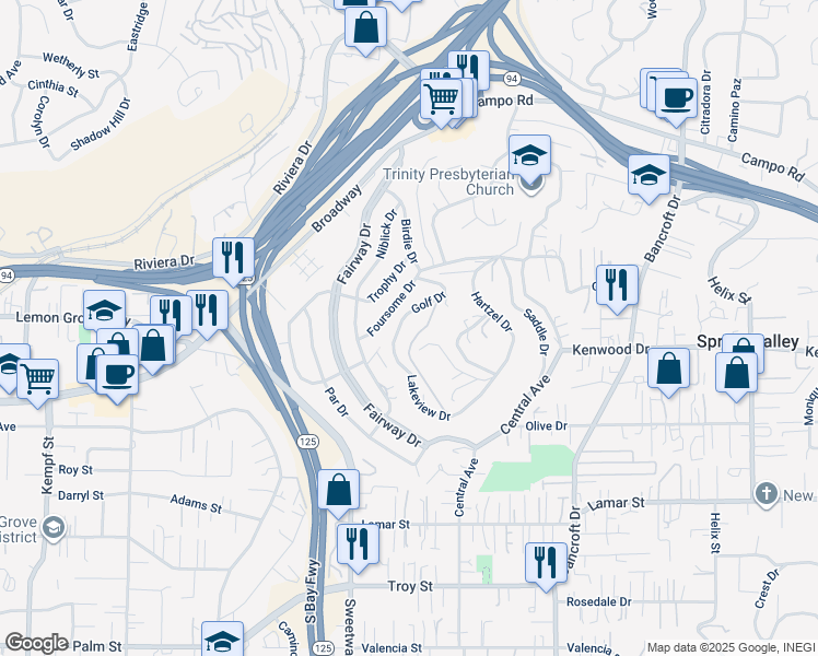 map of restaurants, bars, coffee shops, grocery stores, and more near 8621 Golf Drive in Spring Valley