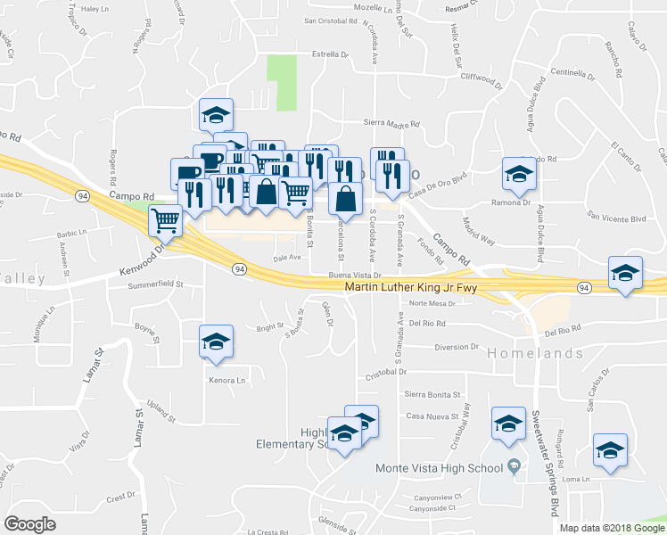 map of restaurants, bars, coffee shops, grocery stores, and more near 3605 South Barcelona Street in Spring Valley