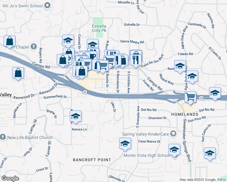 map of restaurants, bars, coffee shops, grocery stores, and more near 3605 South Barcelona Street in Spring Valley