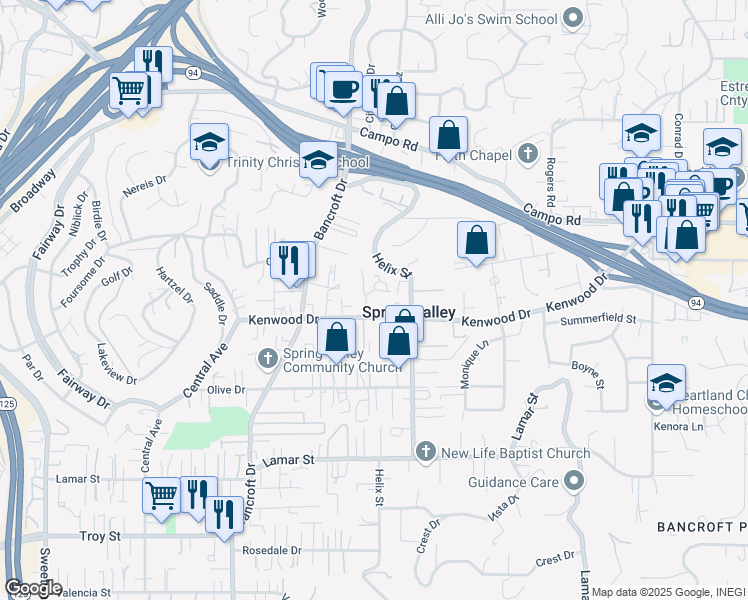 map of restaurants, bars, coffee shops, grocery stores, and more near 9210 Kenwood Drive in Spring Valley