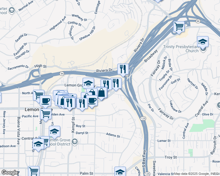 map of restaurants, bars, coffee shops, grocery stores, and more near in Lemon Grove