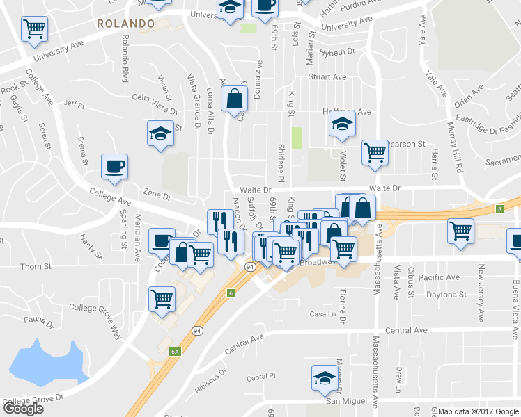 map of restaurants, bars, coffee shops, grocery stores, and more near 6872 Duchess Street in San Diego