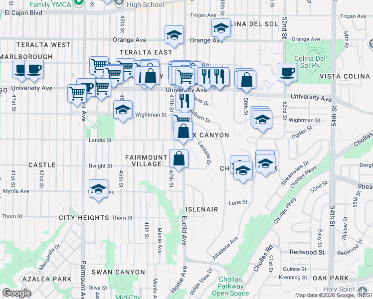 map of restaurants, bars, coffee shops, grocery stores, and more near 4814 Castle Avenue in San Diego
