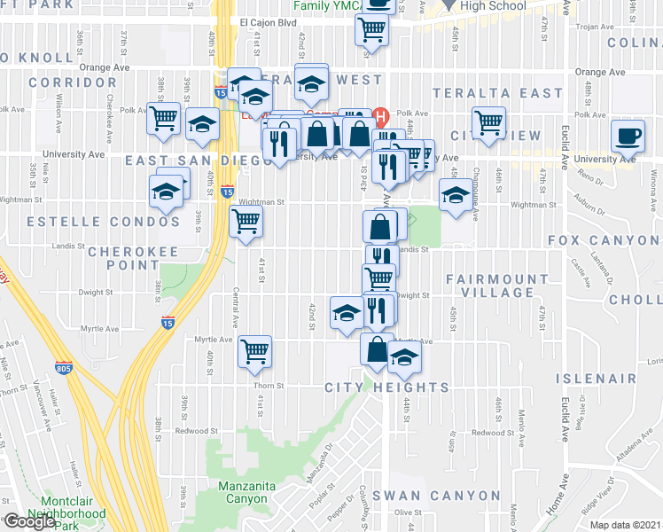map of restaurants, bars, coffee shops, grocery stores, and more near 3648 Van Dyke Avenue in San Diego