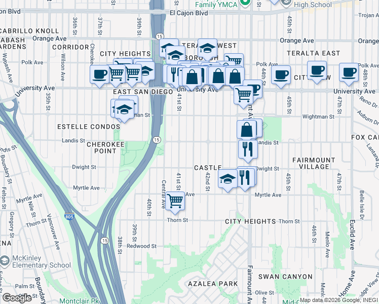 map of restaurants, bars, coffee shops, grocery stores, and more near 3645 41st Street in San Diego