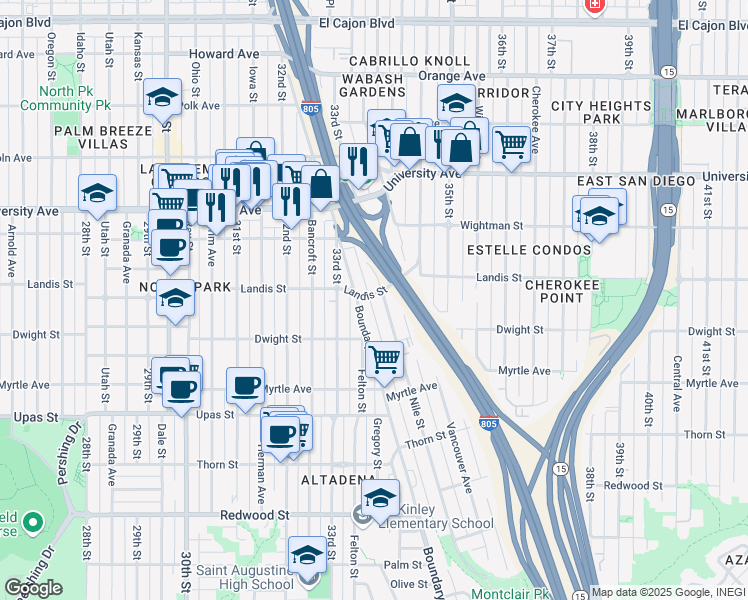 map of restaurants, bars, coffee shops, grocery stores, and more near 3677 Boundary Street in San Diego