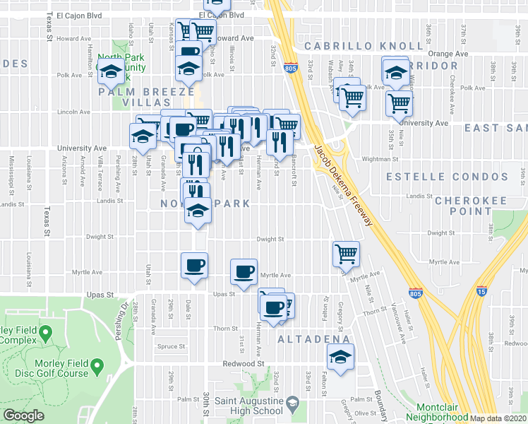 map of restaurants, bars, coffee shops, grocery stores, and more near 3659 Herman Avenue in San Diego