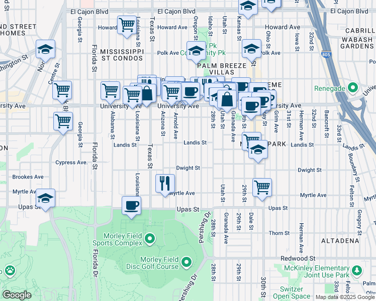 map of restaurants, bars, coffee shops, grocery stores, and more near 3653 Arnold Avenue in San Diego